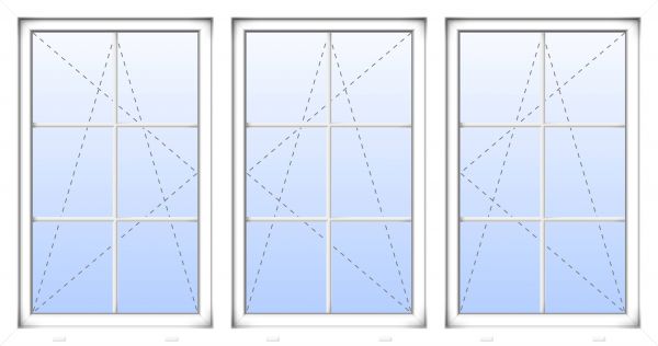 Kunststoff Fenster &quot;MARTIN&quot; 74 mm 2-fach Verglasung symmetrisch Dreh-Kipp / Dreh-Kipp / Dreh-Kipp 3-flügelig 6 Sprossenfelder