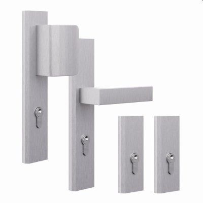 Edelstahl Drücker-Knauf (Silber, eckig, Langschild) für Aluminium-Stahl Türen der Stärke 68 mm